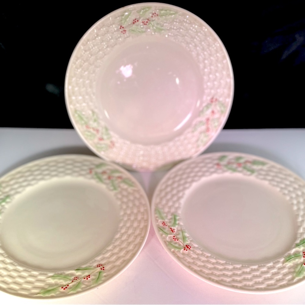 BELLEEK Enchanted Holly Salad Plate Set of 3. Vintage, Excellent, condition.